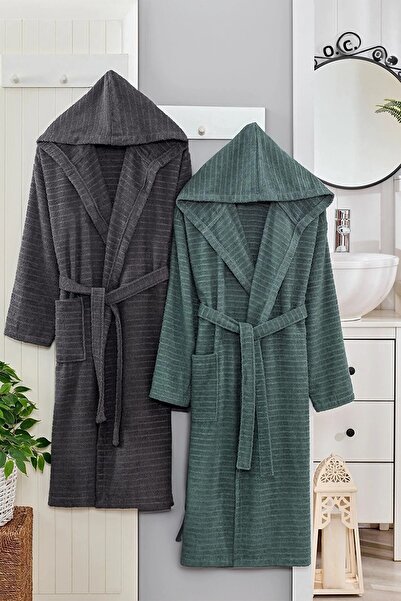 HRN Textile 2-Piece Cotton Natural Hooded Couple Bathrobe