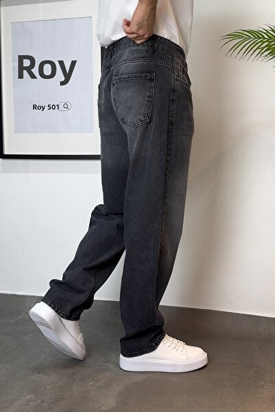 ROY501 Ανδρικό φαρδύ παντελόνι Φαρδύ γκρι πλυμένο φαρδύ τζιν