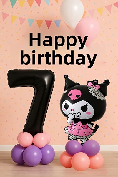 PARTİAVM Kuromi 7Th Birthday Balloon Set Sanrio Character Black Number Pink Purple Pastel Installation with Video