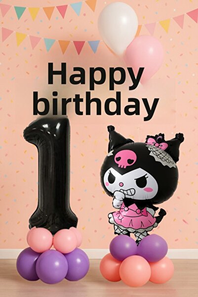 PARTİAVM Kuromi 1St Birthday Balloon Set Sanrio Character Black Number Pink Purple Pastel Installation with Video