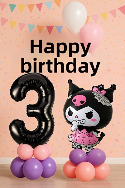 PARTİAVM Kuromi 3Rd Birthday Balloon Set Sanrio Character Black Number Pink Purple Pastel Installation with Video