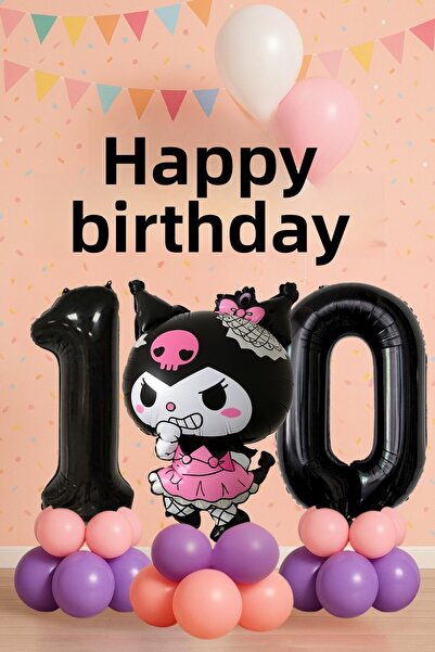 PARTİAVM Kuromi 10Th Birthday Balloon Set Sanrio Character Black Number Pink Purple Pastel Installation with Video