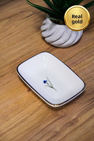 tabakevi Tabak Evi Porcelain Natura Iris Gold Gilded Rectangular Boat Plate 12X8.50Cm Single