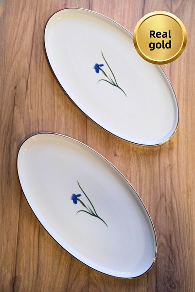 tabakevi Plate House Porcelain Natura Iris Gold Gilded Oval Boat 32.50X17X2.50Cm 2 Pcs