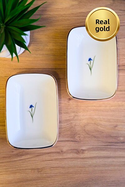 tabakevi Tabak Evi Porcelain Natura Iris Gold Gilded Rectangular Boat Plate 12X8,50Cm 2 Pcs