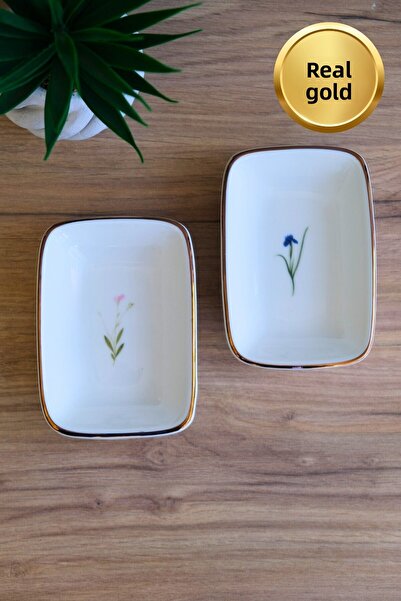 tabakevi Tabak Evi Porcelain Natura Mixed Gold Gilded Rectangular Boat Plate 12X8,50Cm 2 Pieces