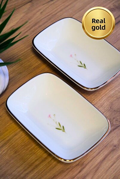 tabakevi Tabak Evi Porcelain Natura Broadcloth Gold Gilded Rectangular Boat Plate 14X9,8Cm 2 Pcs