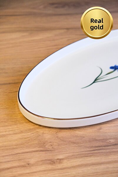 tabakevi Plate House Porcelain Natura Iris Gold Gilded Oval Boat 32.50X17X2.50Cm 2 Pcs