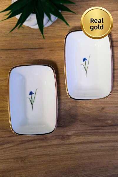 tabakevi Tabak Evi Porcelain Natura Iris Gold Gilded Rectangular Boat Plate 14X9,8Cm 2 Pcs