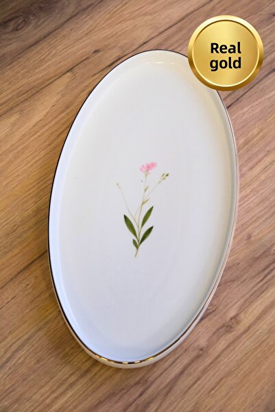 tabakevi Tabak Evi Porcelain Natura Broadcloth Gold Gilded Oval Boat 32,50X17X2,50Cm Single