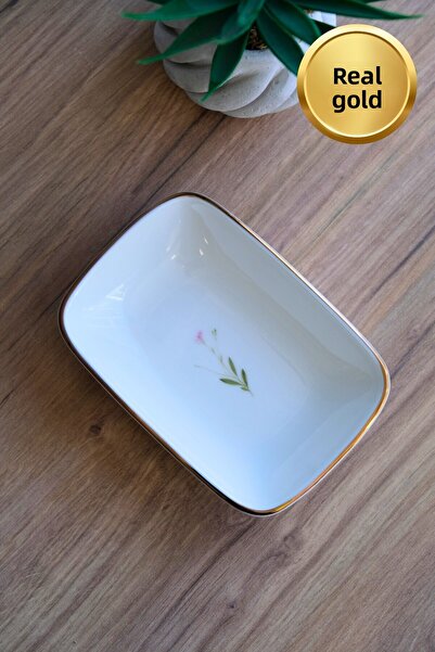 tabakevi Tabak Evi Porcelain Natura Broadcloth Gold Gilded Rectangular Boat Plate 14X9,8Cm Single