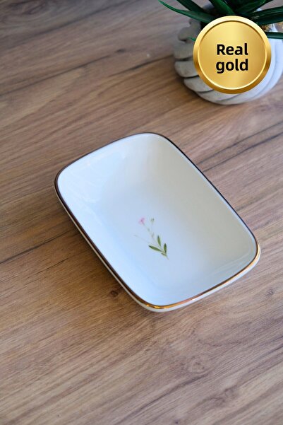 tabakevi Tabak Evi Porcelain Natura Broadcloth Gold Gilded Rectangular Boat Plate 14X9,8Cm Single