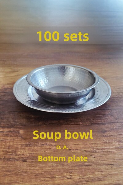 Binbir Trend Attractive Hammered Pattern Soup Bowl and Saucer Set, Soup Bowl Set 14Cm-17Cm