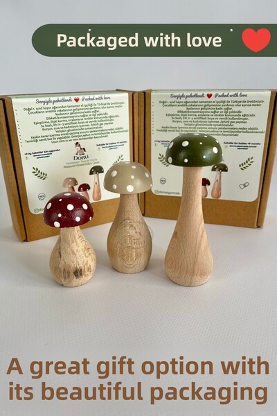 DORU Waldorf Set of 3 Tiny Natural Organic Wooden Mushroom Toys Decoration Photo Shoot Baby Room