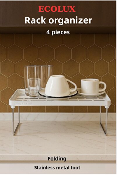 Ecolux Inside Cabinet Organizer Stainless Metal Standing Clip-On Shelf Plate Cup Rack - 4Pcs