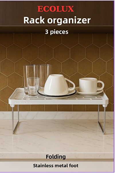 Ecolux Inside Cabinet Organizer Stainless Metal Standing Clip-On Shelf Plate Cup Rack - 3Pcs