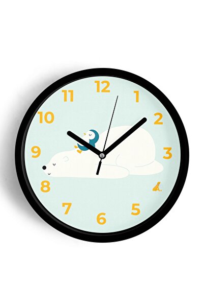 JHAAR ساعة حائط لغرفة الأطفال بتصميم دب مع بطريق لطيف - 30 سم - هيكل أسود مع ...