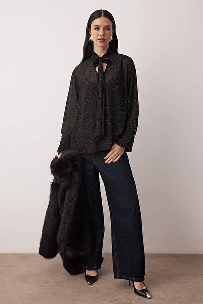 Trendyol Collection Black Stone Printed Tie-Up Unlined Stylish Party Blouse Tpraw26Bz00053