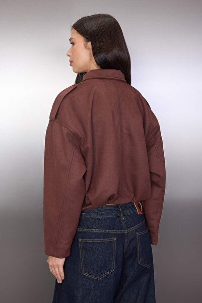 Trendyol Collection Dark Brown Oversize Fit Suede Bomber Slim Jacket Coat Twoaw26Mo00125