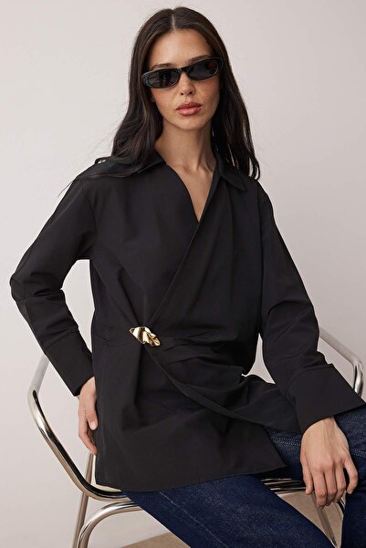 Trendyol Modest Black Large Metal Button Detailed Cotton Woven Shirt Tctaw26Tg00006
