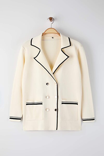 Trendyol Curve Ecru Jacket Collar Line Detailed Knitwear Jacket-Look Cardigan Tbbaw26Av00002