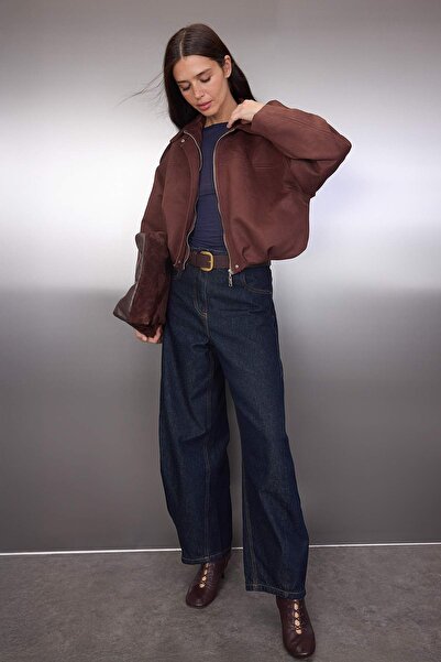 Trendyol Collection Dark Brown Oversize Fit Suede Bomber Slim Jacket Coat Twoaw26Mo00125