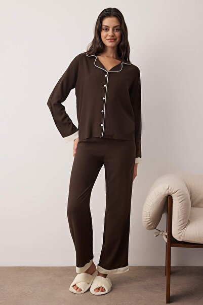 Trendyol Collection Brown Straight Shally Woven Pajama Set Thmaw26Pt00088