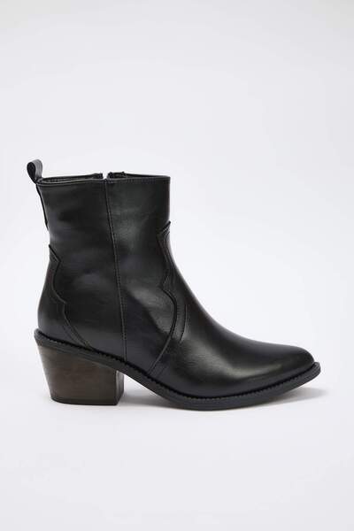 TRENDYOL SHOES Black Textured Block Heeled Women's Cowboy Boots Takaw25Bo00033