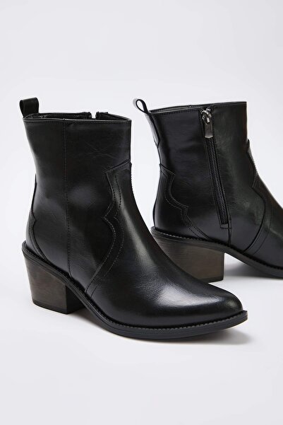 TRENDYOL SHOES Black Textured Block Heeled Women's Cowboy Boots Takaw25Bo00033