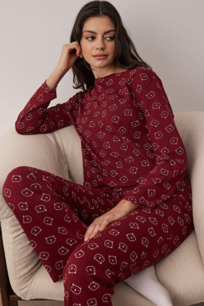 Trendyol Collection Burgundy 100% Cotton Teddy Bear Knitted Pajama Set Thmaw25Pt00131