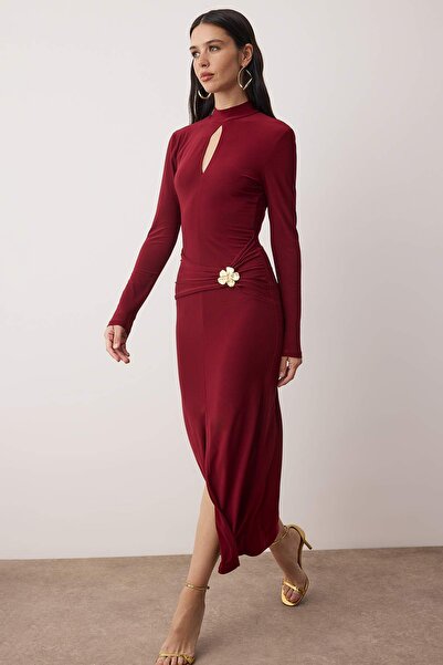 Trendyol Collection Burgundy Accessory Detailed Knitted Maxi Lined Dress Tpraw26El00110