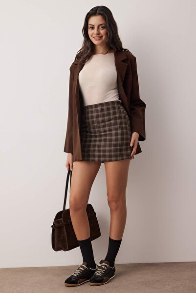 Trendyol Collection Brown Plaid Mini Skirt Shorts & Bermuda Twoaw26Sr00059