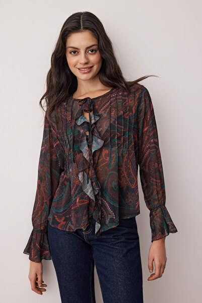 Trendyol Collection Multi-Colored Boho Chiffon Ruffle and Rubber Detailed Shirt Twoss25Go00141