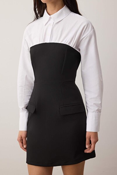 Trendyol Collection Black-And-White Color Block Bodycon Buttoned Short / Mini Woven Dress Twoss24El00751