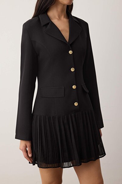 Trendyol Collection Black Pleated Detailed Buttoned Short / Mini Woven Jacket Dress Twoaw26El00271
