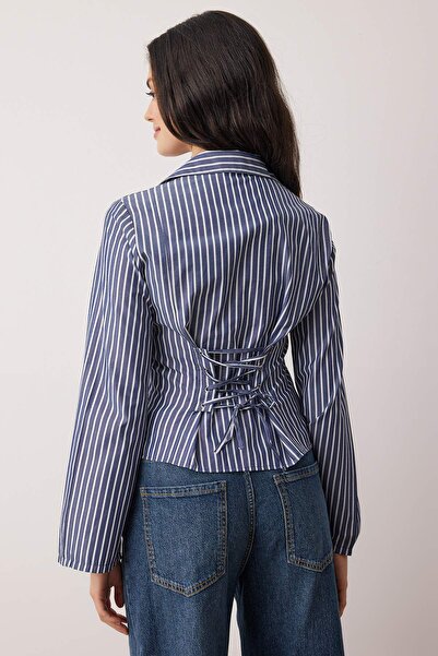 Trendyol Collection Navy Blue-White Corset Detailed Fitted Waist Shirt Twoaw26Go00055