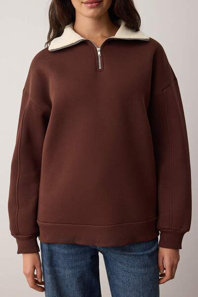 Trendyol Collection Καφέ oversized / Φαρδύ βελούδινο πλεκτό φούτερ με φερμουάρ και φλις εσωτερικά TWOAW26SW00228