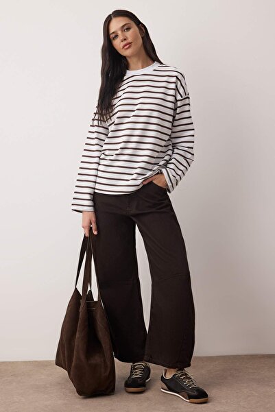 Trendyol Collection Brown Striped Oversize/Wide Cut Crew Neck Slim Knitted Sweatshirt Twoaw23Sw00326