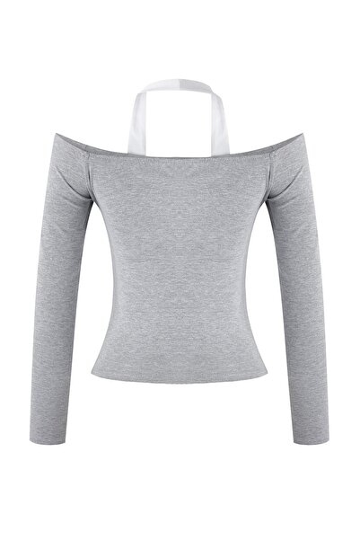 Trendyol Collection Gray Melange Fitted/Bodycon Cotton Stretch Knit Blouse Twoaw26Bz00037