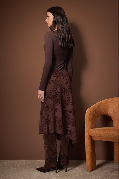 Trendyol Collection Brown Asymmetric Flock Printed Skater Stretchy Tulle Knitted Skirt Twoaw26Et00156