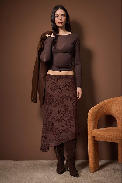 Trendyol Collection Brown Asymmetric Flock Printed Skater Stretchy Tulle Knitted Skirt Twoaw26Et00156