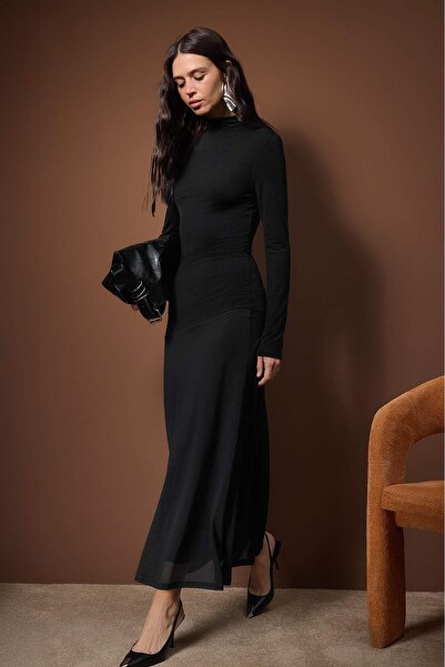 Trendyol Collection Black A-Line/Bell Form Tulle Garni Detailed Midi Long Sleeve Stretchy Knitted Dress Twoaw26El00140