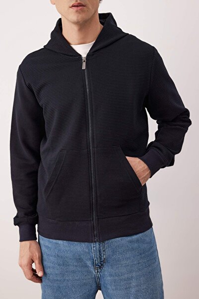 Trendyol Collection Navy Blue Regular/Normal Fit Zippered Hooded Textured Sweatshirt Tmnaw26Sw00067
