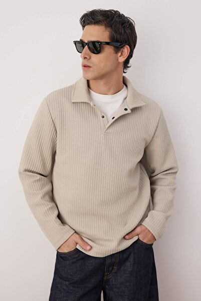Trendyol Collection Stone Relaxed Cut Waffle Textured Polo Neck Sweatshirt Tmnaw26Sw00058