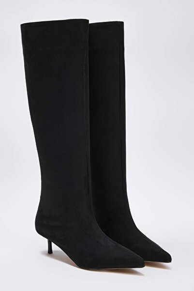 TRENDYOL SHOES Black Suede Women's Thin Kitten Heel Boots Takaw26Cz00021