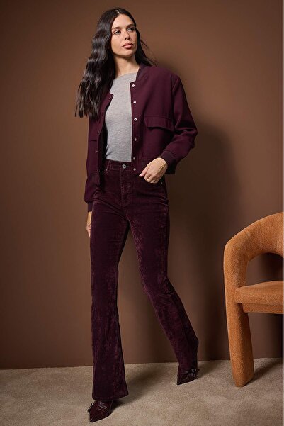 Trendyol Collection Burgundy Suede Look High Waist Comfort/Flexible Flare Jeans Twoaw26Je00287