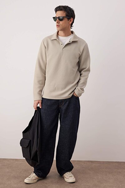 Trendyol Collection Stone Relaxed Cut Waffle Textured Polo Neck Sweatshirt Tmnaw26Sw00058