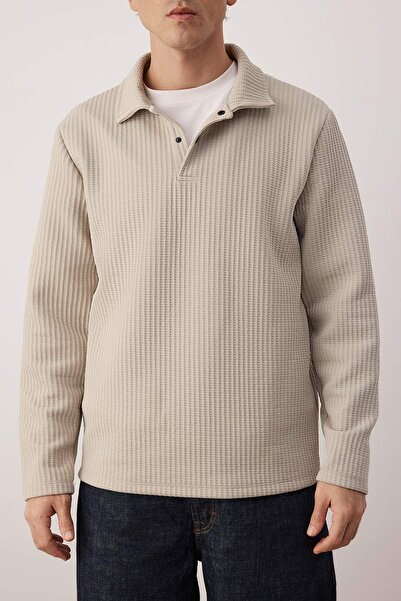 Trendyol Collection Stone Relaxed Cut Waffle Textured Polo Neck Sweatshirt Tmnaw26Sw00058