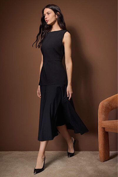 Trendyol Collection Trendyol Studio Black Midi Flexible Woven Dress Twoaw26El00307