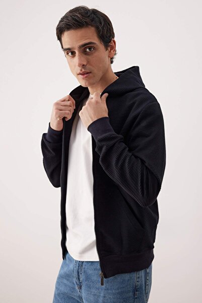 Trendyol Collection Navy Blue Regular/Normal Fit Zippered Hooded Textured Sweatshirt Tmnaw26Sw00067